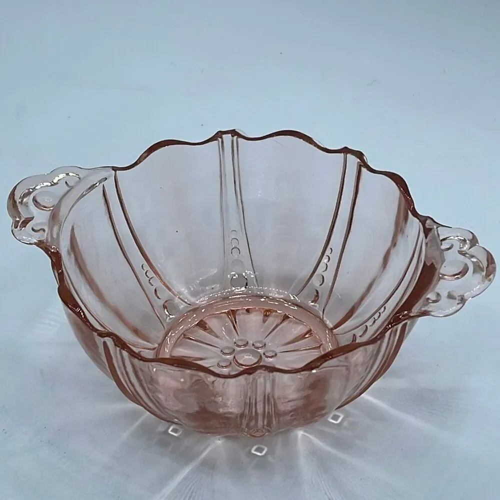 Anchor Hocking Oyster and Pearl pink depression glass handled bowl.